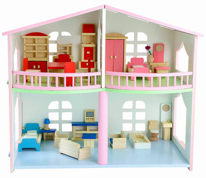 Big Size Wooden Doll House with Complete Furniture Set – 2-Storey Open Play Mansion for Kids