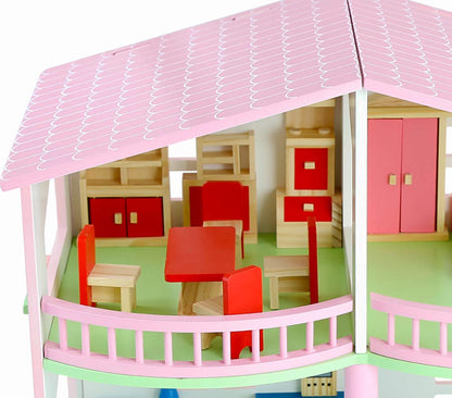Big Size Wooden Doll House with Complete Furniture Set – 2-Storey Open Play Mansion for Kids