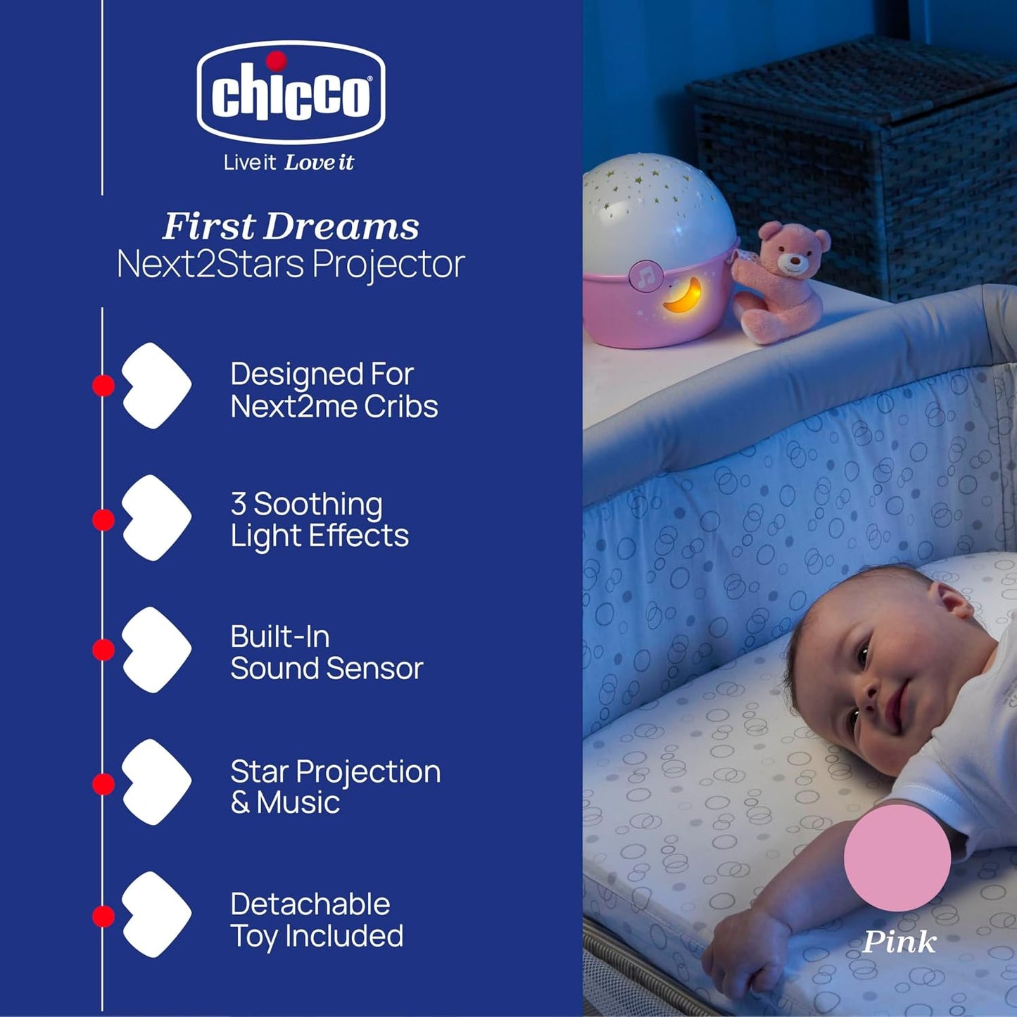 Chicco First Dreams Next2Stars Cot Projector with Music & Plush Toy for Newborn Baby