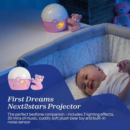 Chicco First Dreams Next2Stars Cot Projector with Music & Plush Toy for Newborn Baby