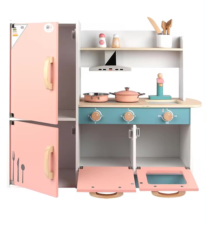 Wooden pink kitchen set for kids with refrigerator