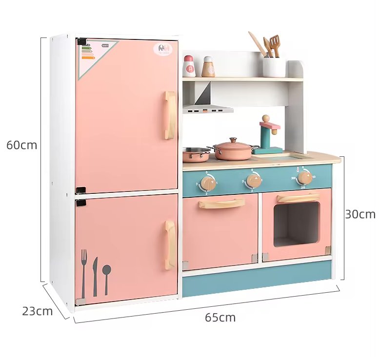 Wooden pink kitchen set for kids with refrigerator