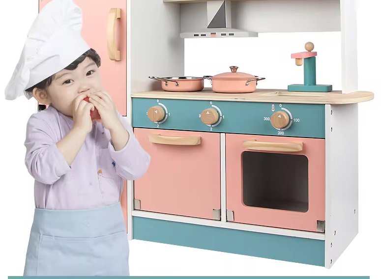 Wooden pink kitchen set for kids with refrigerator