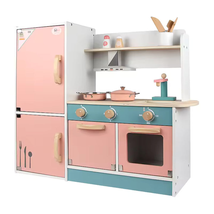 Wooden pink kitchen set for kids with refrigerator