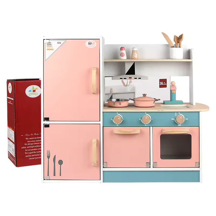 Wooden pink kitchen set for kids with refrigerator