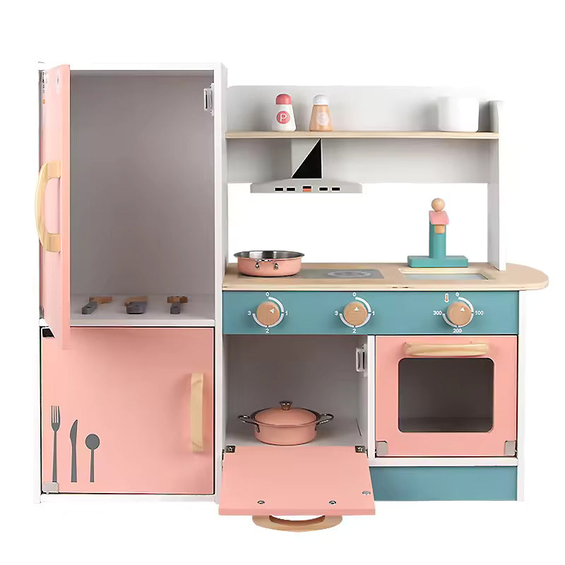 Wooden pink kitchen set for kids with refrigerator