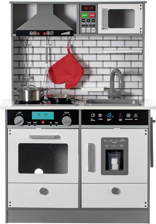 Wooden Play Kitchen Toy, with Light,Microwave, Cabinet, Sound Electronic Stove, Microwave and Sink