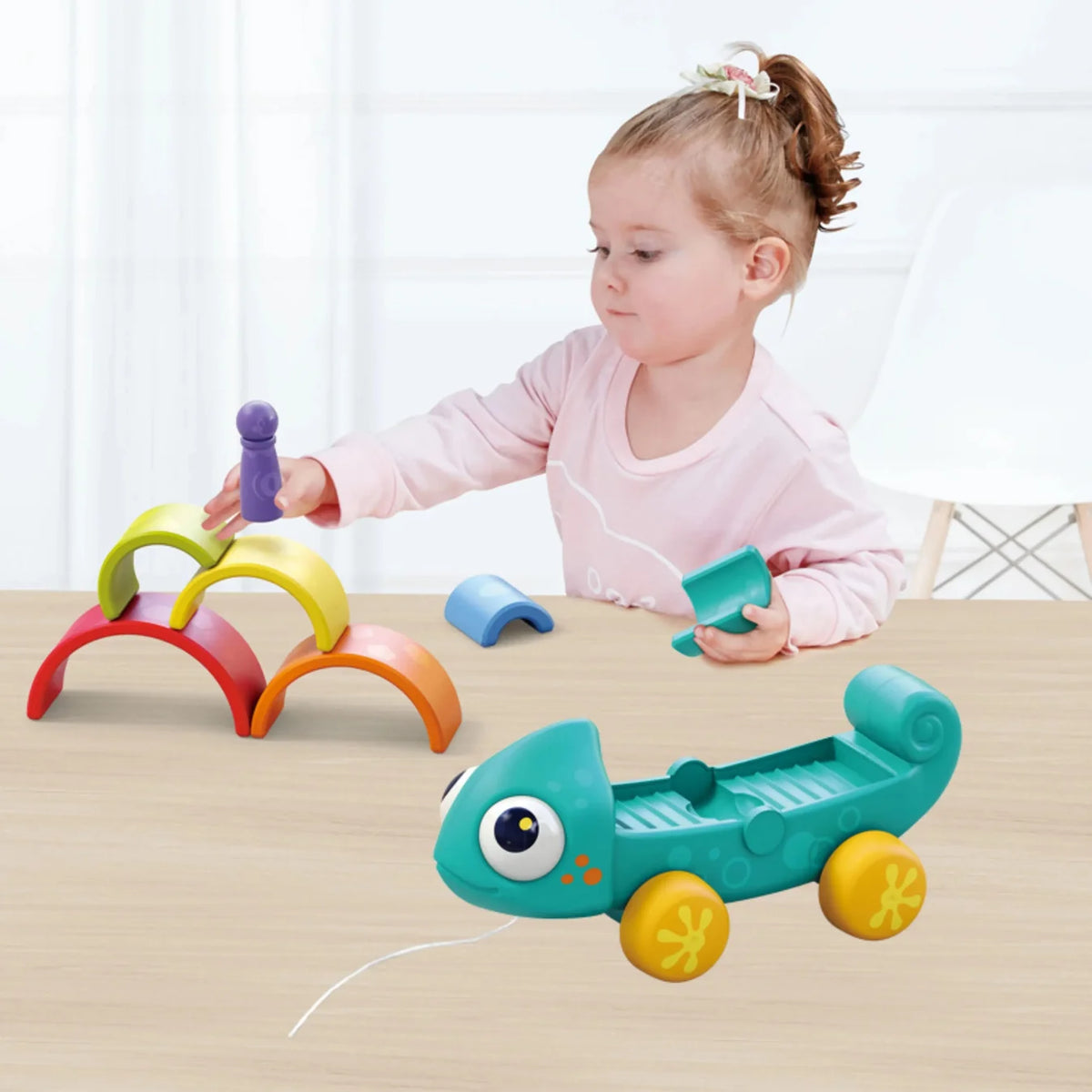 Hola Rainbow Chameleon Pull Along Toy with Montessori Rainbow Stacker | 18M+