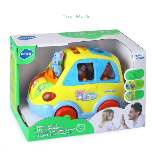 Hola Smart Bus Clever Coupe – Musical Shape Sorter Car with Lights, Moving Action, Elephant Driver & 5 Transforming Animal Blocks | Learning Toy for 18 Months+
