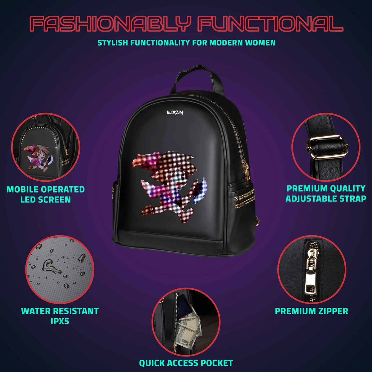Hookaba DazzRoll Women's LED Backpack – App-Controlled 64x64 Pixel Display, 14L Studded Mini Backpack, IPX5 Water Resistant