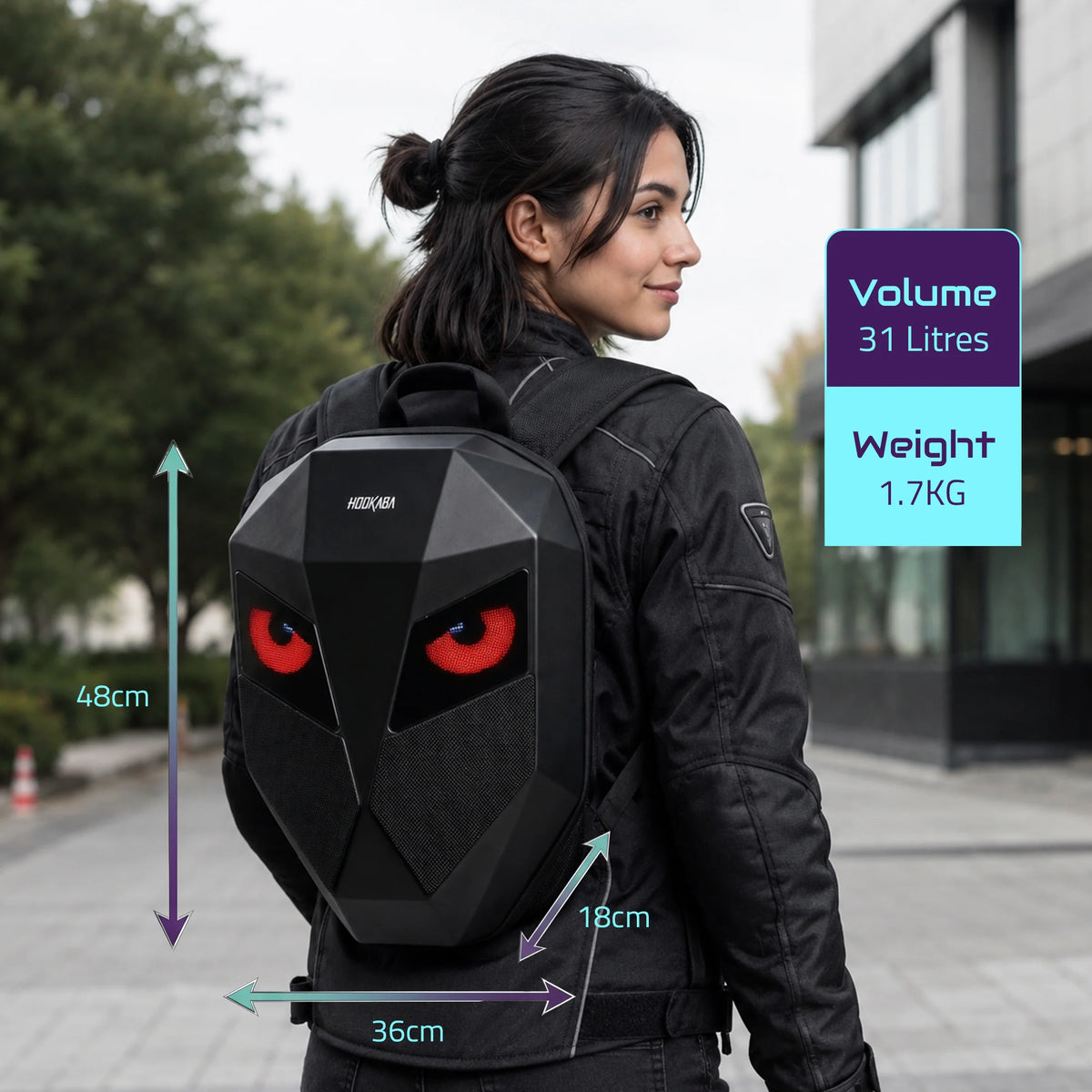 Hookaba Eye Rover LED Backpack – App-Controlled Programmable Pixel Eyes, 31L Expandable Hard Shell, IPX5 Water Resistant, Fits 15" Laptop