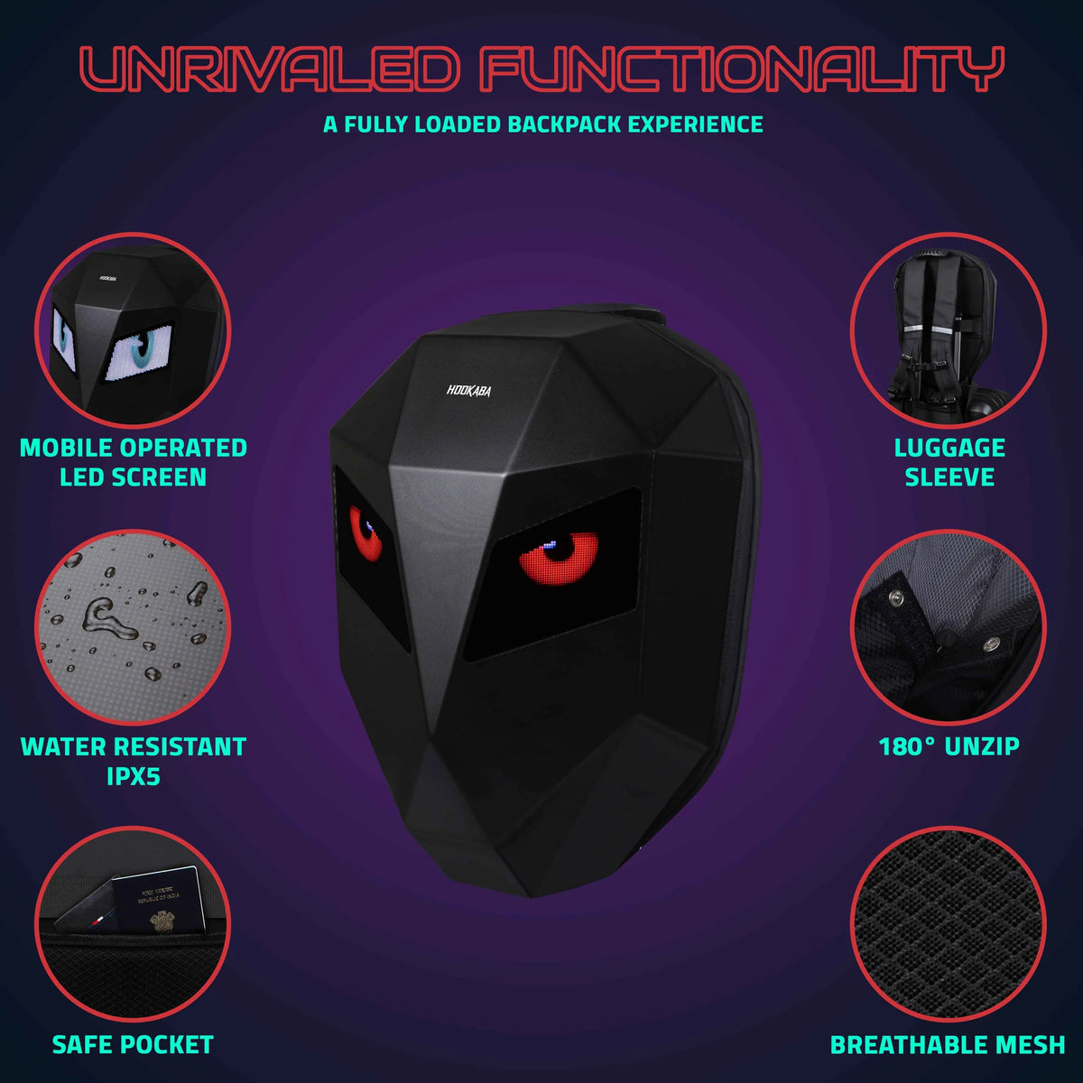 Hookaba Eye Rover LED Backpack – App-Controlled Programmable Pixel Eyes, 31L Expandable Hard Shell, IPX5 Water Resistant, Fits 15" Laptop
