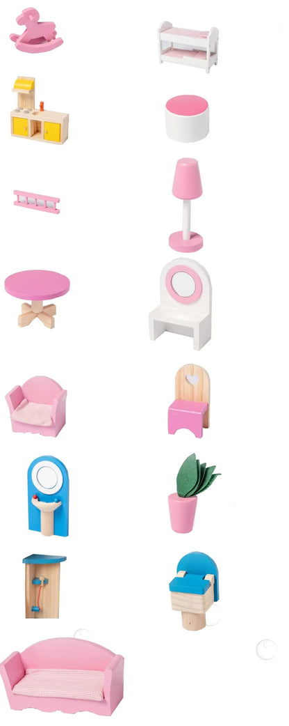 Big Wooden 3-Story Doll House Playset with Furniture & Accessories