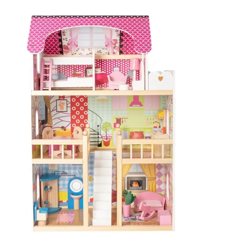 Big Wooden 3-Story Doll House Playset with Furniture & Accessories