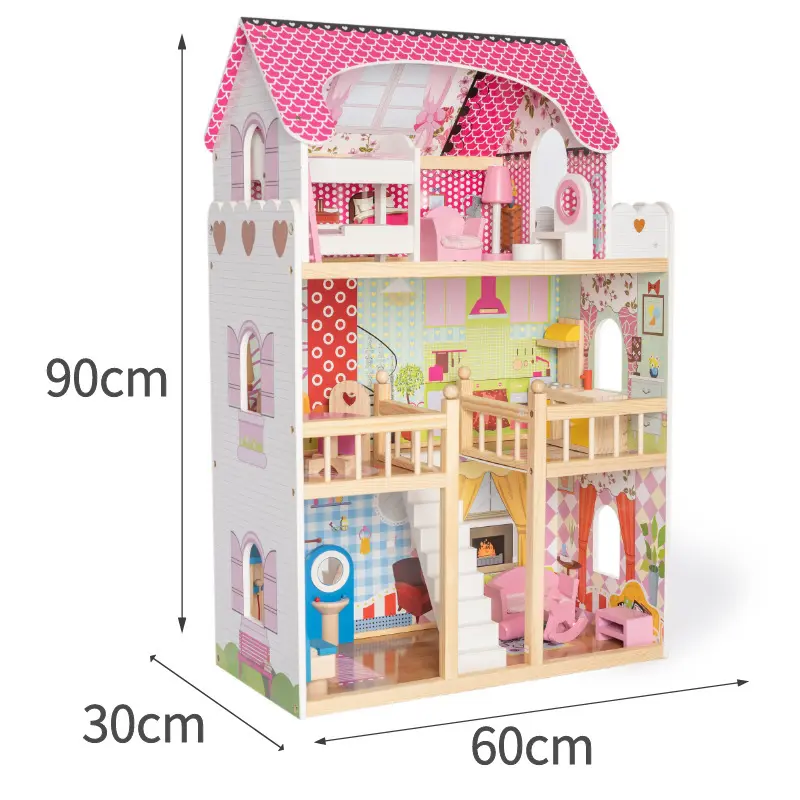 Big Wooden 3-Story Doll House Playset with Furniture & Accessories