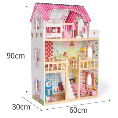 Big Wooden 3-Story Doll House Playset with Furniture & Accessories