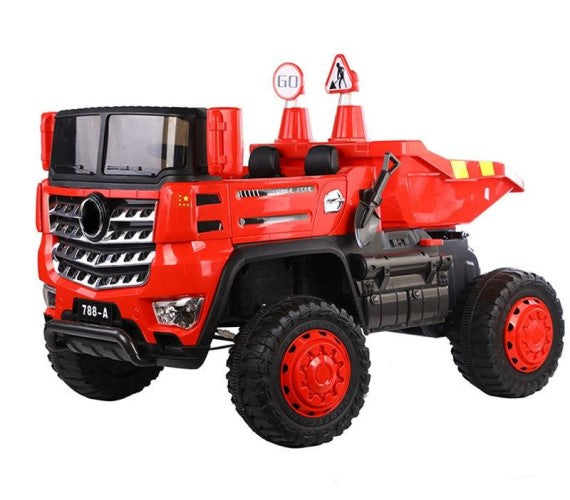 Kids Ride-On Dump Truck 4x4 with Motorised Tipping Bucket, Parent Remote, 2 Seats, LED Lights, Music & Toy Shovel