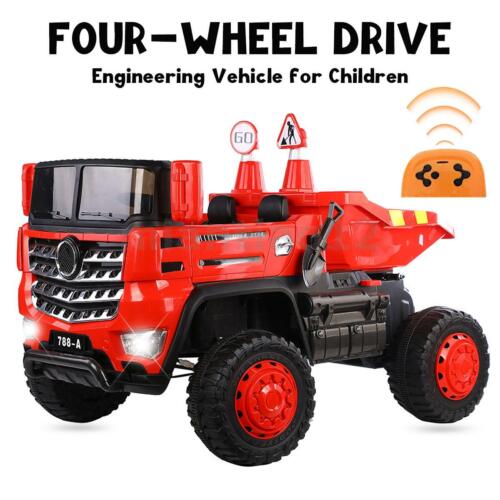 Kids Ride-On Dump Truck 4x4 with Motorised Tipping Bucket, Parent Remote, 2 Seats, LED Lights, Music & Toy Shovel
