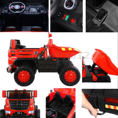 Kids Ride-On Dump Truck 4x4 with Motorised Tipping Bucket, Parent Remote, 2 Seats, LED Lights, Music & Toy Shovel