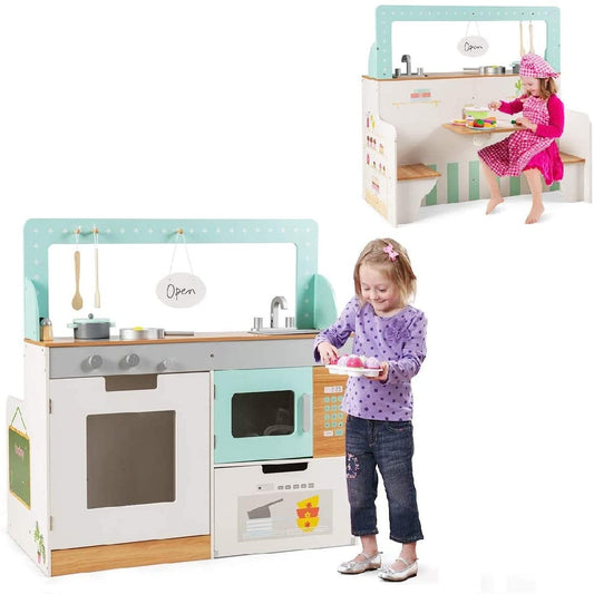 Toys Uncle 2 in 1 Kids Play Kitchen and Restaurant, Double Sided Wooden Pretend Cooking Playset