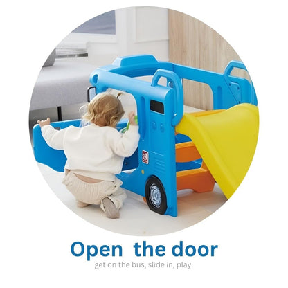 Yaya Blue Compact Bus Slide, Indoor Play Set with Musical Steering Wheel, HDPE Material, Safety Handle, Non-Slip Stairs, KC Certified for Children