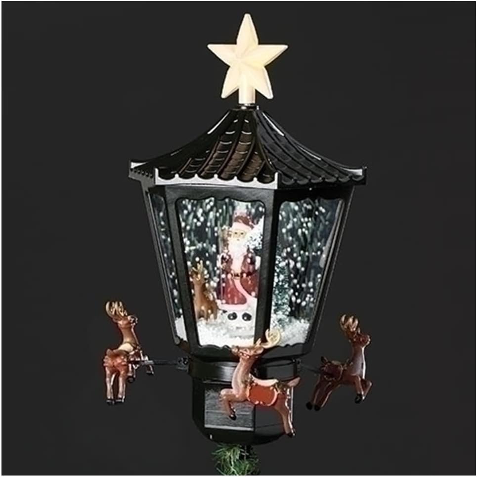 Musical Snowing Santa and Rotating Reindeer Christmas Tree-Topper, 13.5-inch Height, Christmas Decoration
