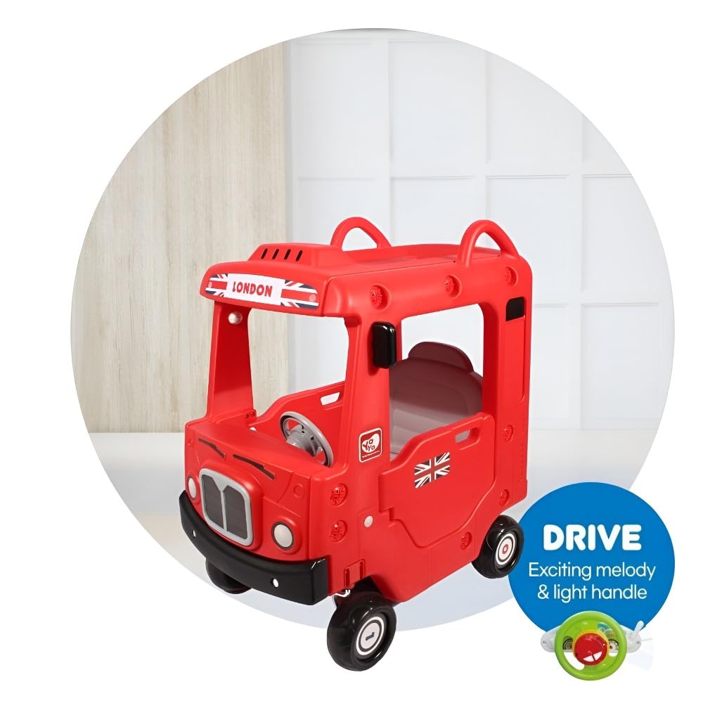 Yaya London Bus Roof Car, Ride-on Toy with Interactive Steering Wheel, EVA Foam Wheels, Storage Compartment, 360° Rotating Front Wheel, Double Opening Doors, Indoor Outdoor Use