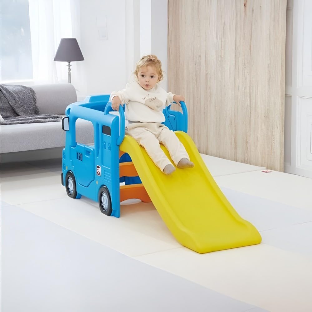 Yaya Blue Compact Bus Slide, Indoor Play Set with Musical Steering Wheel, HDPE Material, Safety Handle, Non-Slip Stairs, KC Certified for Children