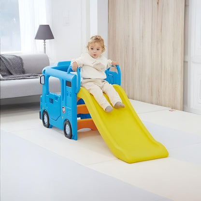 Yaya Blue Compact Bus Slide, Indoor Play Set with Musical Steering Wheel, HDPE Material, Safety Handle, Non-Slip Stairs, KC Certified for Children