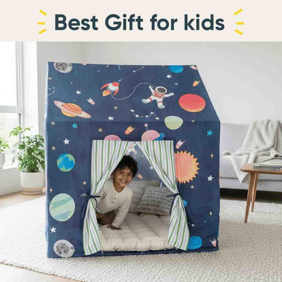 Curious Cub Kids Tent House|Baby Tent House for Kids 2-5 Years|Space Print Play House for Children with Curtains & Easy Setup|Ideal for Screen Free Play Time, Pretend Play, Reading|Gift for Children