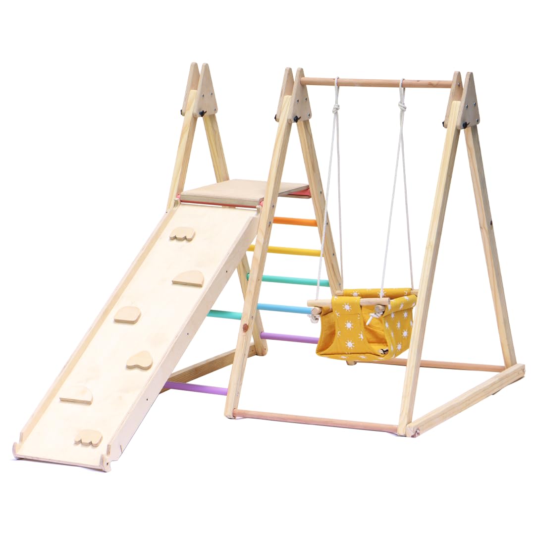 Curious Cub Foldable 4 in 1 Jungle Gym Set for Kids - Durable Climbing Triangle for Toddlers, Colorful Climbing Toys Indoor with Swing, Climb, Ramp & Slide