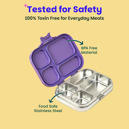 Basil Bento Box Quad – 4 Compartment Stainless Steel Lunch Box, 830 ml | Purple Pop