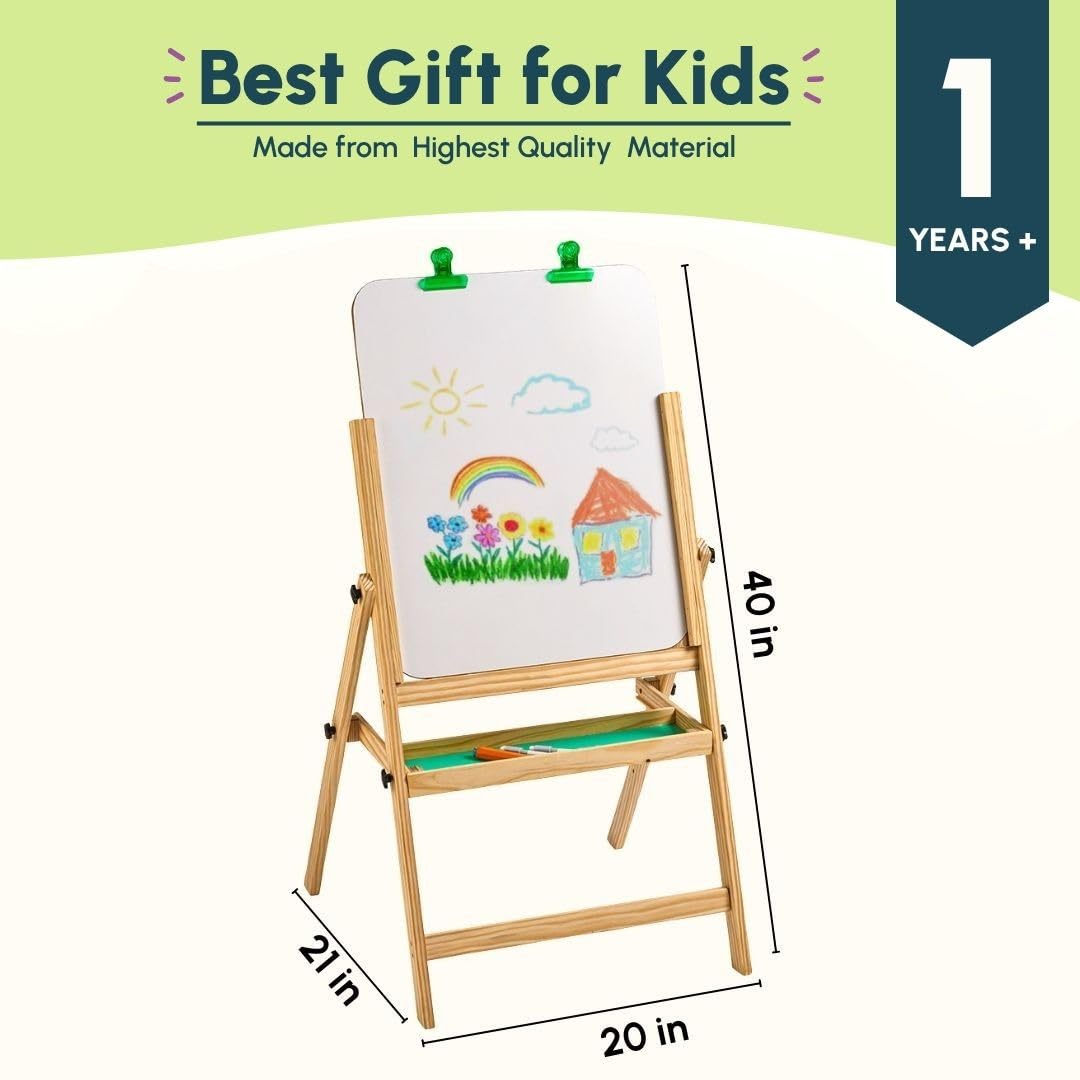 Curious Cub Wooden Easel Board for Kids 3-in-1 Whiteboard, Blackboard & Drawing Board for Kids | Easel for Painting with Paper Holders, Tray, Chalk & Marker | for 3+ Year