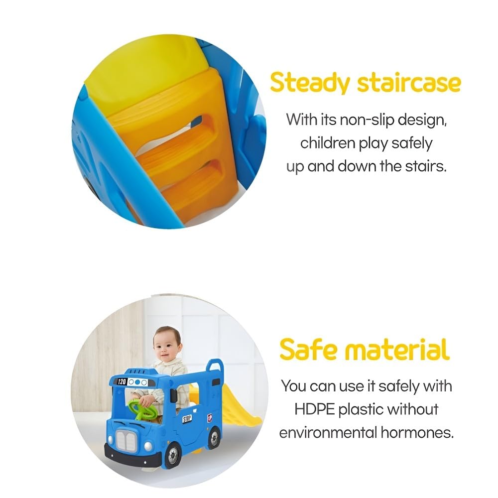 Yaya Blue Compact Bus Slide, Indoor Play Set with Musical Steering Wheel, HDPE Material, Safety Handle, Non-Slip Stairs, KC Certified for Children