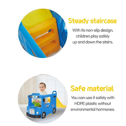 Yaya Blue Compact Bus Slide, Indoor Play Set with Musical Steering Wheel, HDPE Material, Safety Handle, Non-Slip Stairs, KC Certified for Children
