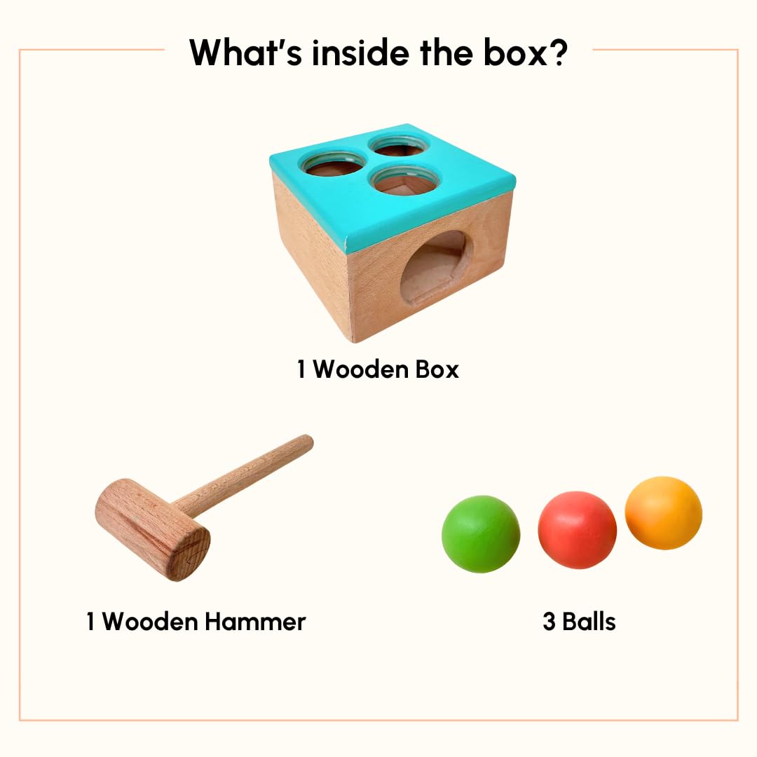 Curious Cub Wooden Hammer Ball Knock Toy, Montessori Learning Game with 3 Colorful Balls and Wooden Hammer for 2-5 Years