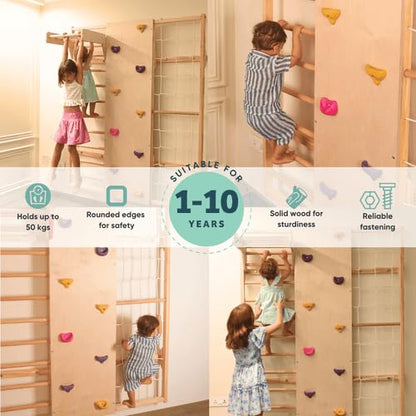 Curious Cub Wall Mounted Jungle Gym Set for Kids | Indoor Climbing Toy for Toddlers with Net Climbing, Ladder, Rock Climbing Wall, Monkey Bar & Gymnastic Rings | Exciting Gym Playset for Kids 2-9 yrs