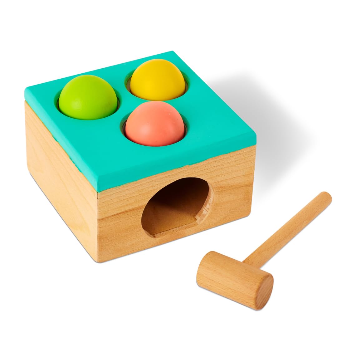 Curious Cub Wooden Hammer Ball Knock Toy, Montessori Learning Game with 3 Colorful Balls and Wooden Hammer for 2-5 Years