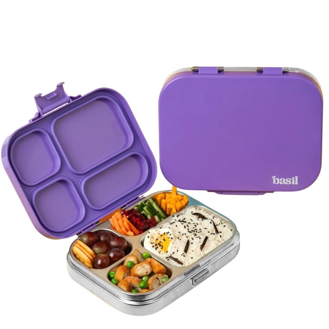 Basil Bento Box Quad – 4 Compartment Stainless Steel Lunch Box, 830 ml | Purple Pop
