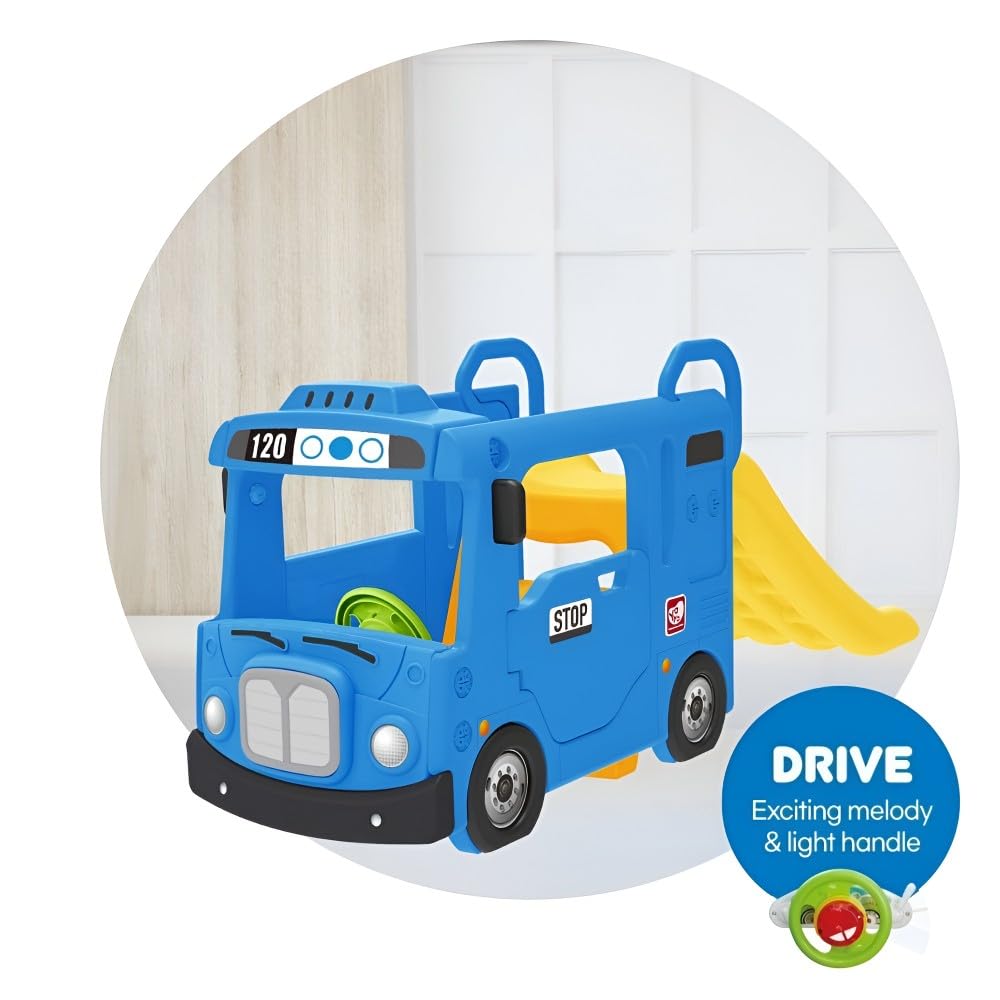 Yaya Blue Compact Bus Slide, Indoor Play Set with Musical Steering Wheel, HDPE Material, Safety Handle, Non-Slip Stairs, KC Certified for Children