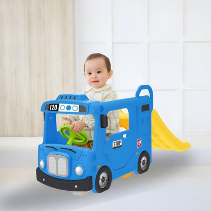 Yaya Blue Compact Bus Slide, Indoor Play Set with Musical Steering Wheel, HDPE Material, Safety Handle, Non-Slip Stairs, KC Certified for Children