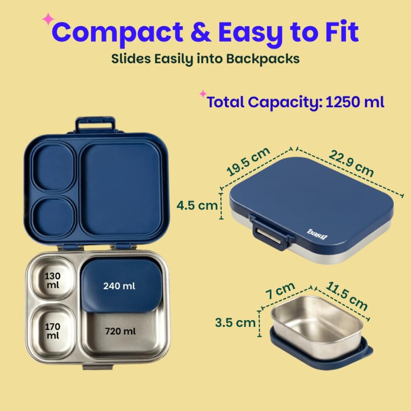 Basil Bento Box Quad Plus – 3+1 Compartment Stainless Steel Lunch Box, 1260 ml | Indigo Zen