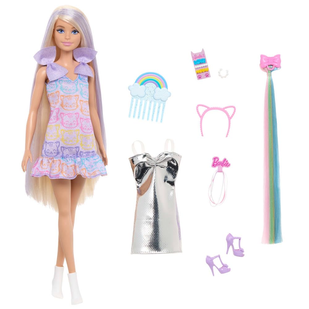 Barbie Fun & Fancy Doll & Accessories, Blonde Fashion Doll with Extra-Long Hair & 2 Looks, Including Silver Metallic Dress & Hair Extension JCT72