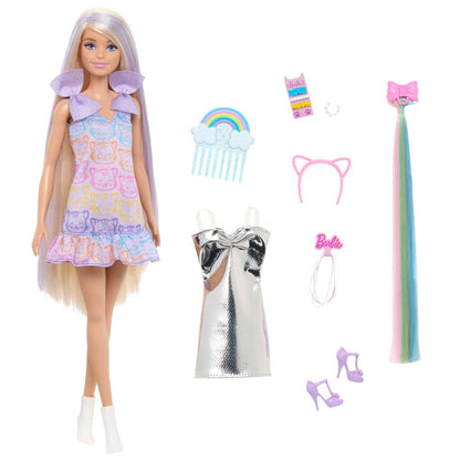 Barbie Fun & Fancy Doll & Accessories, Blonde Fashion Doll with Extra-Long Hair & 2 Looks, Including Silver Metallic Dress & Hair Extension JCT72