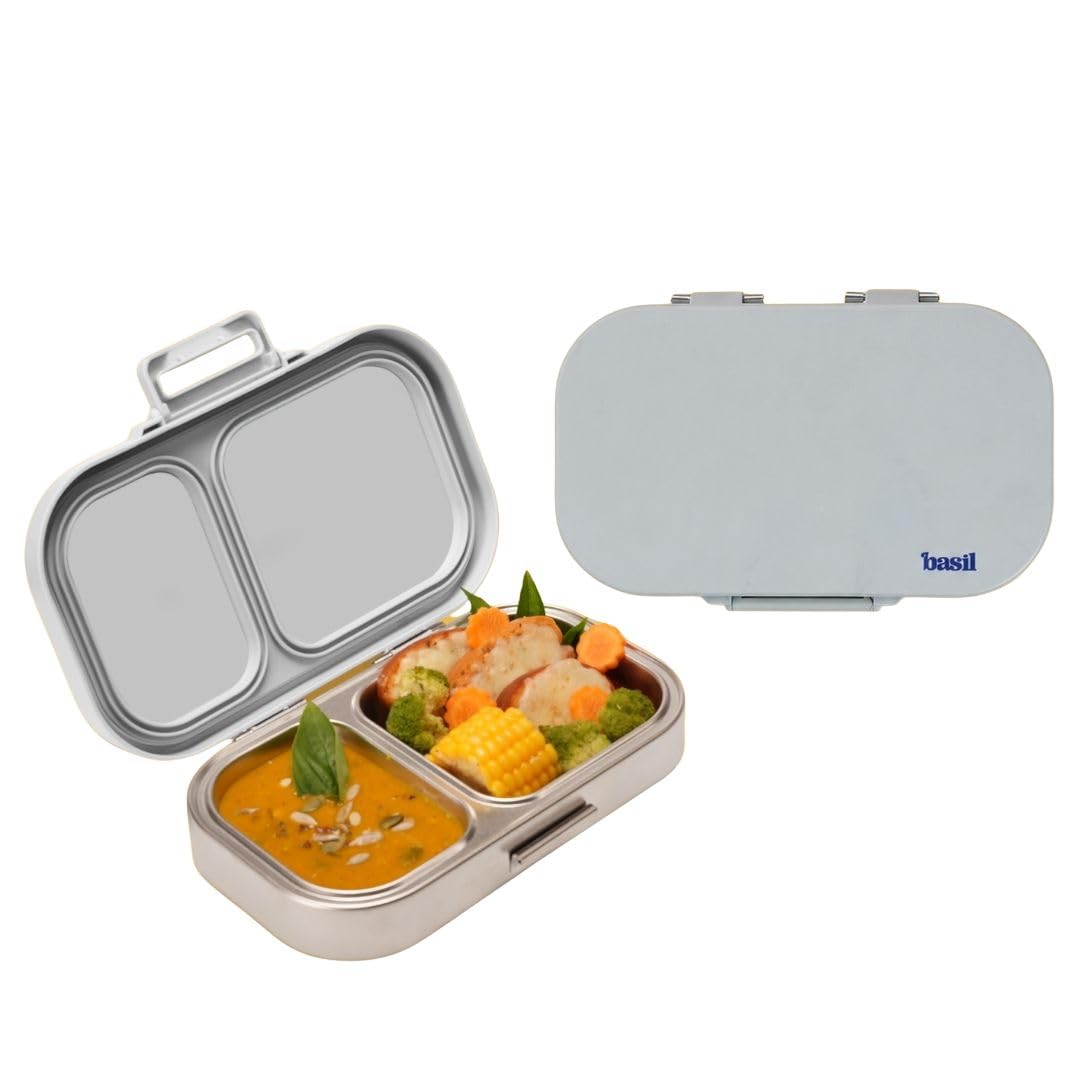 Basil Bento Ace – 2 Compartment Stainless Steel Lunch Box, 750 ml | Classic Grey