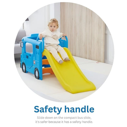 Yaya Blue Compact Bus Slide, Indoor Play Set with Musical Steering Wheel, HDPE Material, Safety Handle, Non-Slip Stairs, KC Certified for Children