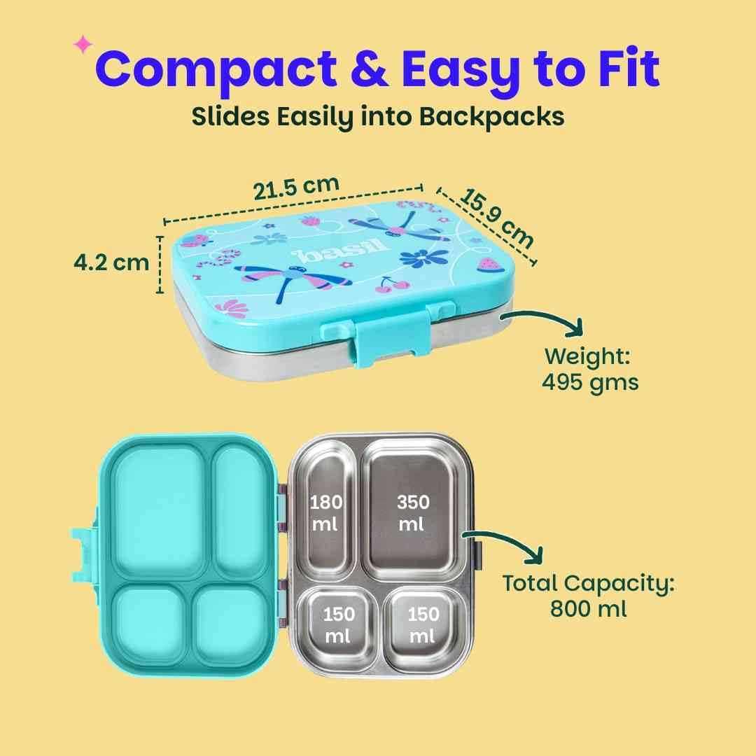 Basil Bento Box Quad – 4 Compartment Stainless Steel Lunch Box, 830 ml | Teal Garden