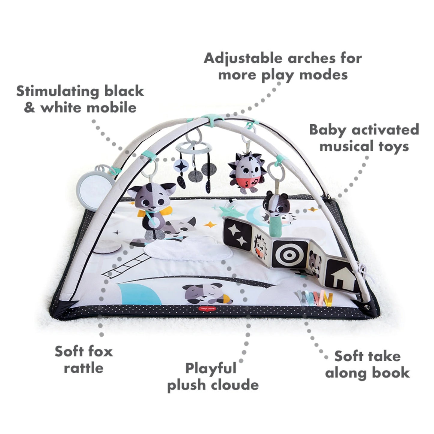 Tiny Love Baby Tummy Time Play Mat, Gymini Deluxe Baby Play Mats for Floor, Magical Tales Black & White Activity Gym