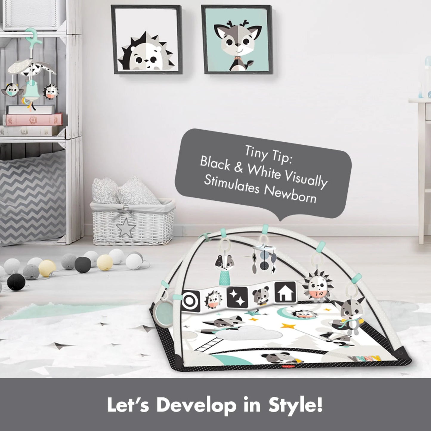 Tiny Love Baby Tummy Time Play Mat, Gymini Deluxe Baby Play Mats for Floor, Magical Tales Black & White Activity Gym