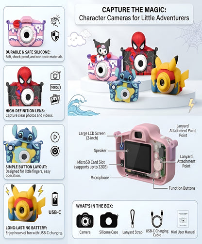 Kids Digital Camera for Children – 2 Inch HD Screen, Soft Silicone Character Case, Rechargeable Camera Toy for Boys & Girls
